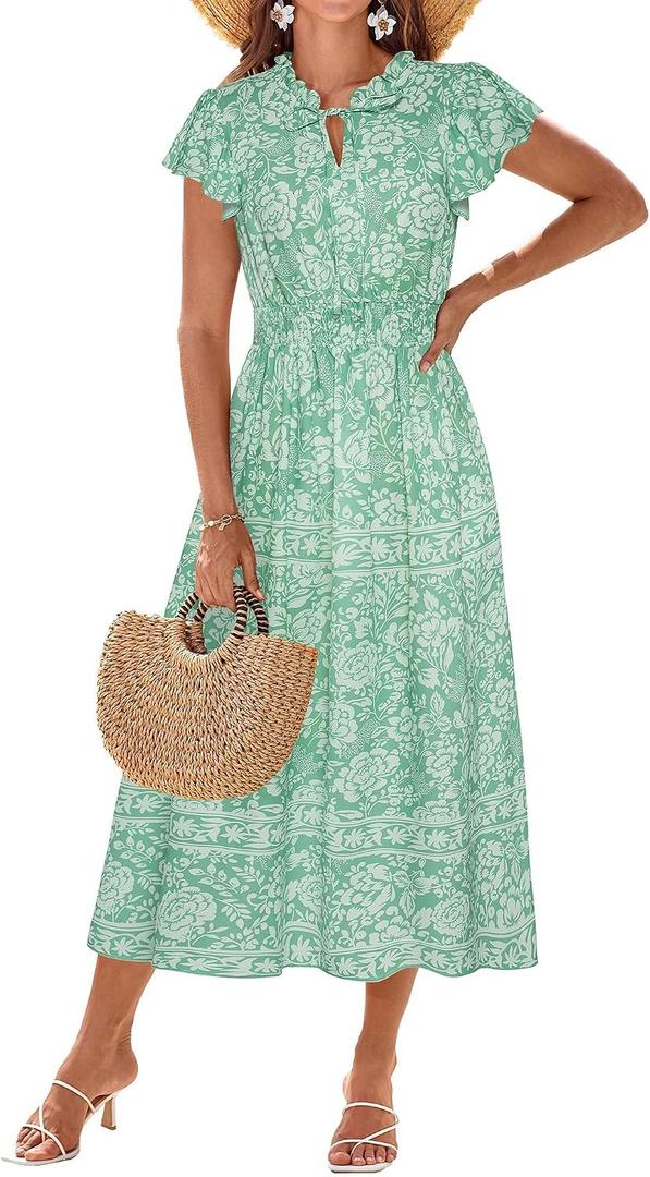 GRACE KARIN Women's Summer Boho Ruffle Casual Flowy Long Dress Beach Swing Party Maxi Dress Green White Floral XL