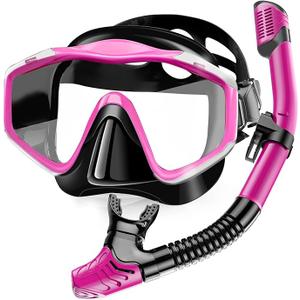 Snorkeling Gear for Adults,Dry-Top Snorkel Set with Tempered Glass,Anti-Fog & Anti-Leak Panoramic Swim Mask, Adjustable Snorkel Kit with Carry Bag for Scuba Diving, Swimming,Travel (Pink/Black) 