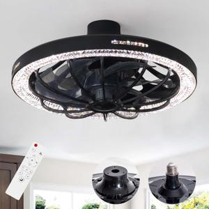 Socket Fan Light with Remote, 13 inch Socket Ceiling Fan with Dimmable Led Light, 3 Colors 3000K-6500K, 3 Speeds, Flush Mount Ceiling Fans with Lights for Bedroom, Kitchen, Living Room-Black