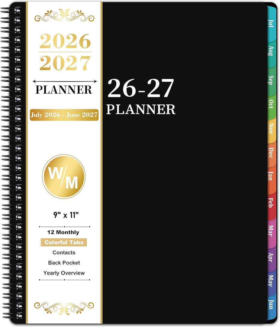 Planner 2025 - Academic Planner 2025, July 2026 - June 2027, 9" x 11", 26-27 Planner Weekly and Monthly, 26-27 Calendar Planners with Colorful Tabs, Pocket - Black