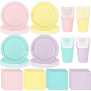 Whaline 244Pcs Pastel Rainbow Tableware Set Serves 48 4 Colors Disposable Dinnerware 48 9" Plates 48 7" Plate 48 9oz Cups 100 Napkins for Spring Easter Wedding Birthday Party Supplies