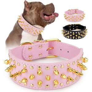 Wide Gold Spiked Dog Collar, Epesiri Dog Chain Collars, Mushroom Rivet PU Leather Dog Collars, Adjustable Durable Spike Studded Pet Collar for Pitbull Mastiff Bulldog Pugs Husky Rottweiler