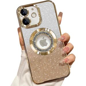 Misscase for iPhone 11 Magnetic Glitter Case Compatible with MagSafe,Full Protection Slim Shockproof Anti-Scratch Case with Camera Lens Protector Logo View Dust-Proof Net for Women Gold