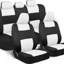 BDK PolyPro Car Seat Covers Full Set in White on Black, Front and Rear Split Bench Seat Covers for Cars, Easy to Install Car Seats Cover Set and Accessories for Auto Trucks Van SUV - White