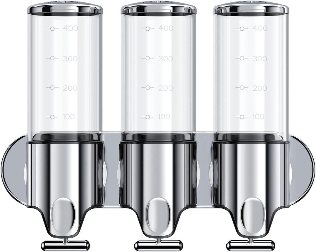 3 in 1 Chamber Wall Mounted BathroomShower Pump Dispenser,Dispensers for The Shower,Shampoo and Conditioner Dispenser,Shower Dispenser 3 Chamber no Drill (17.6 Oz Triple Colourless)