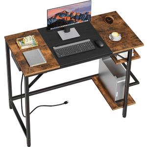 HOOBRO Computer Desk, Home Office Desk with Power Outlet, Writing Desk with 2 Shelves, Modern Small Desk for Home Office, Study, Easy to Assemble, Rustic Brown and Black BF43UDN01