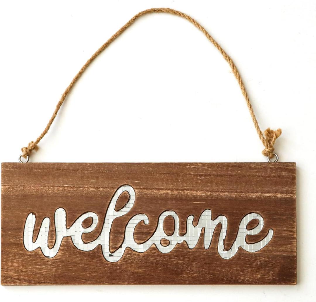 Wooden Welcome Sign Disco Glass Door Decor Rustic Welcome Sign for Front Door, Porch, Entryway