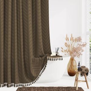 Dynamene Boho Farmhouse Shower Curtain, Brown Fabric Tufted Chevron Striped Textured Tassel Shower Curtains for Bathroom, Shabby Chic Waterproof Cloth Shower Curtain Set with Hooks, 72x72