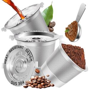 3 Pack Reusable K Cups Coffee Pods for Keurig 1.0: Stainless Steel Refillable K Cups - Reusable Coffee Filters for Keurig Coffee Machine, SUS 304, BPA-Free, Heat Resistant Handles, Scoop