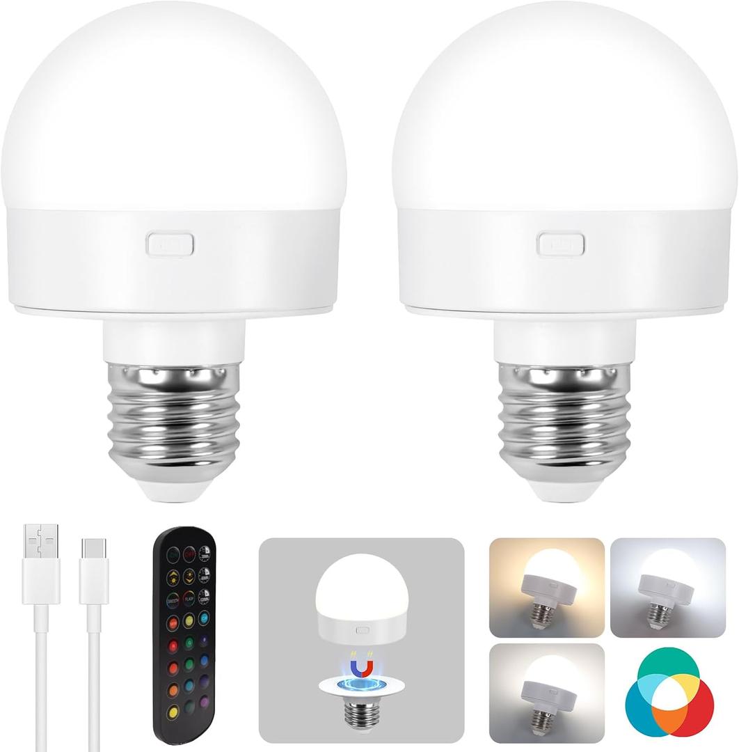 Rechargeable Battery Operated Light Bulbs with Remote Control,Timer and 15 Color Temperature,Wireless Puck Light Bulbs dimmable Magnetic Color Changing LED Bulb for Non-Hardwired Wall Sconce,2 Pack