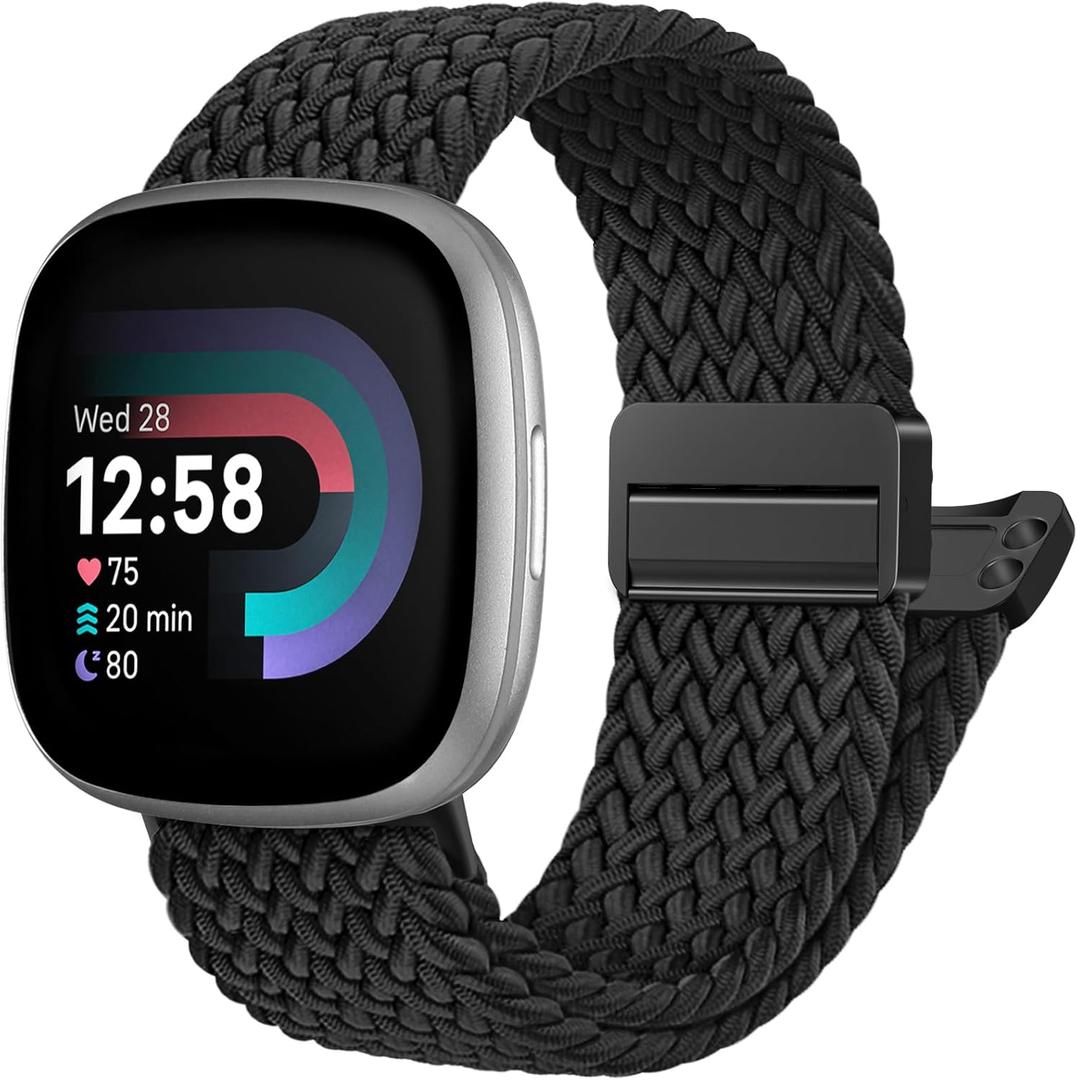Maledan Compatible with Fitbit Versa 4 Bands for Woman Men/Fitbit Sense 2 Bands/Sense Band/Versa 3 Band, Breathable Soft Elastic Woven Nylon Strap With Clasp Smart Watch Bracelet Accessory (Fit for 5.51"-8.66" (140mm-220mm) Wrist, 01-Black)