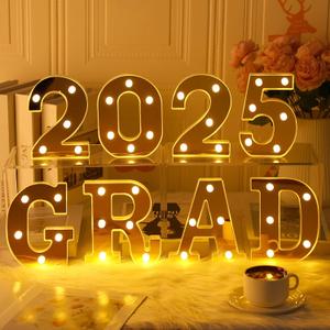Woanger 8 Pcs Graduation Party Decorations Grad 2025 Light up Letters LED Marquee 2025 Grad Sign Decor for Graduation Party Supplies Ornaments, Battery Operated(Gold)