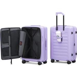 ROAMING 26-Inch Checked Luggage Expandable Front Opening Rolling Vacation Suitcase with Spinner Wheels and TSA Lock Cup Holder, PC Hard Shell Travel Trolley Case for Shout Business Trips purple