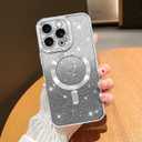 NITITOP Compatible with iPhone 16 Pro Max Case Cute Clear Glitter [Compatible for MagSafe] Sparkle Bling Magnetic Plating Heart Girl Women Electroplated Frame Camera Protection Back Cover - Silver