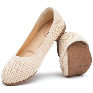 Saidoteto Women's Wide Ballet Flats,Comfortable Round Toe Slip-On Elastic Knit Flat Shoes Casual Office Dress Shoes for Work & Walking (9, Beige)