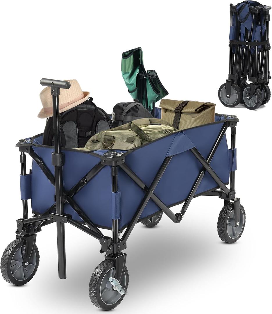 Collapsible Wagon, Beach with Big Wheels for Sand, Grocery Wagon All-Terrain Wheels Garden Grocery for Shopping, Park Picnic, Camping, Beach Trip (Medium, Blue)