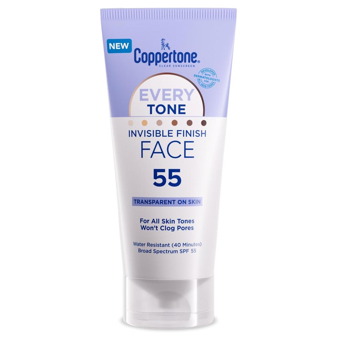 Coppertone Every Tone Invisible Finish Face Sunscreen SPF 55, Lightweight, Blends in Clear Sunscreen for All Skin Tones, 2 Fl Oz Tube