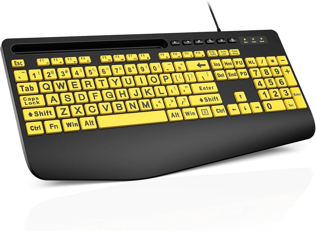 SABLUTE Large Print Computer Keyboards, Wired USB High Contrast with Wrist Rest, Phone Holder Oversized Print Letters Easy to Read for Visually Impaired Vision Individuals (Yellow+Black)