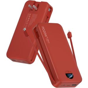citicr Portable Charger Power Bank, 20000mAh PD20W USB C Fast Charging with Built-in Cables & Wall Plug, External Battery Bank with LED Display, Travel Essential for iPhone, iPad, Samsung Red