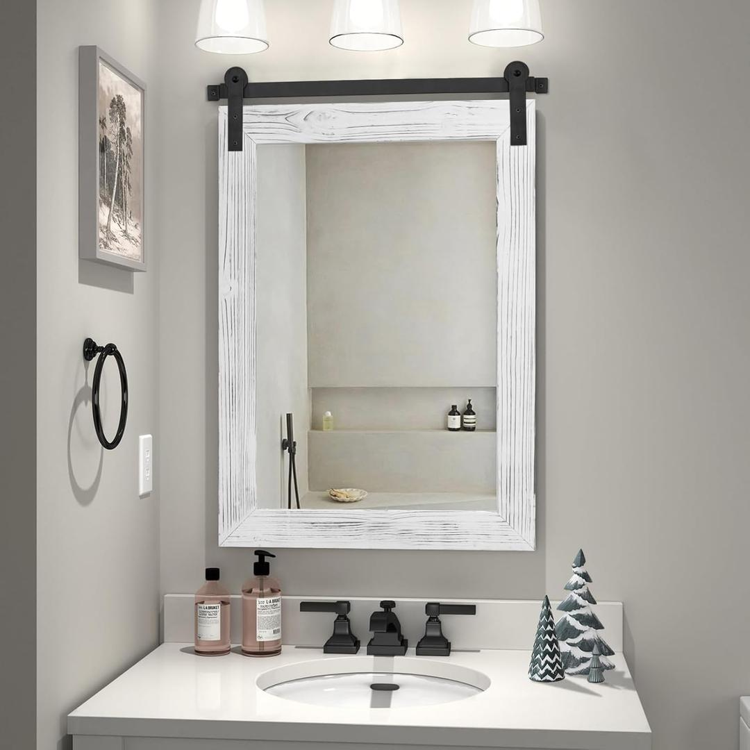 COGOOD Farmhouse Barn Door Mirror - 19.7 X 27.6 Rustic Wood Framed Wall Mirror for Bathroom, Living Room, Entryway Wall Decor (White)