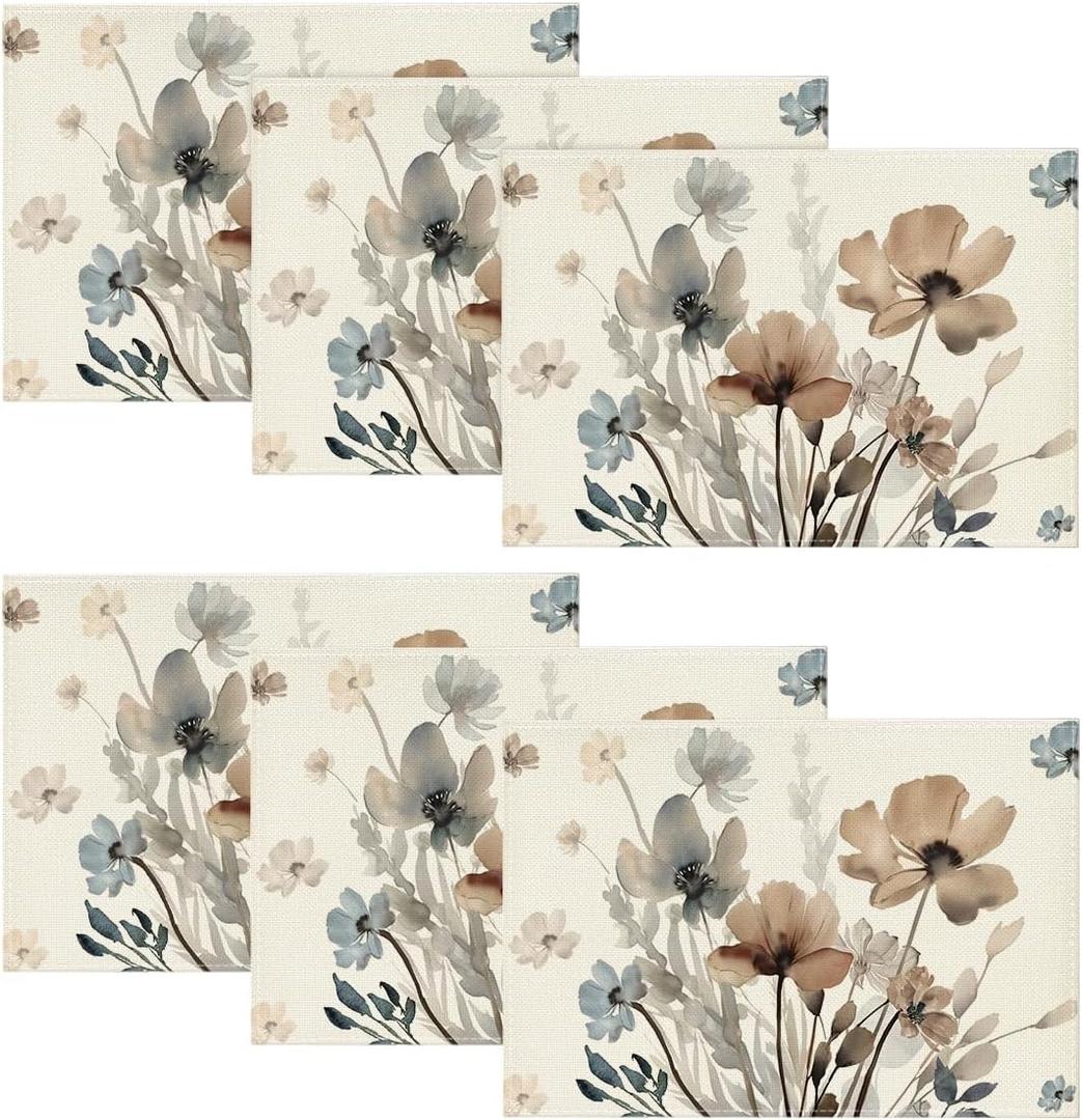 Artoid Mode Brown Poppy Floral Leaves Placemats Set of 6, 12x18 Inch Seasonal Summer Table Mats for Party Kitchen Dining Decoration