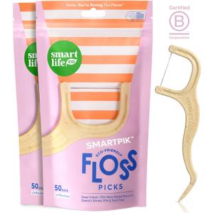 SmartLifeco Eco-Friendly Dental Floss Picks (100ct) - Flossers Made With Straw Wheat Blend, Strong Anti-Shred Thread For Tight Gaps, Tooth Pick Stick For Adults, Soft on Gum & Teeth, Vegan, Unflavored