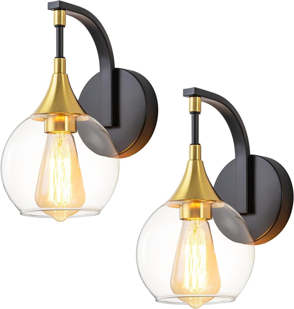 Black and Gold Wall Sconces Set of Two, Modern Wall Sconce Light with Clear Glass Shade,Indoor Wall Light Fixture Wall Lamps for Bedroom, Hallway, Bathroom