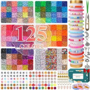 XSEINO 23000Pcs Clay Beads Bracelet Making Kit, 6Boxes 125Colors Friendship Polymer Beads and 5 Styles Letter Beads with Jewelry Making Accessories and 3 Rolls Crystal Cord for Crafts Christmas Gifts