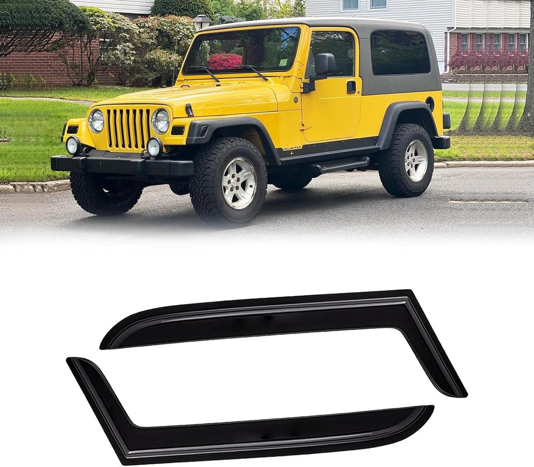 Window Visor for 1997-2006 Jeep Wrangler (TJ) 2-Door, Out-Channel Rain Guards Shields Vent Deflector Shade Wind Dark Smoke, Tape-On Outside-Mount, 2PCS