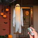 Halloween Decorations Outdoor Hanging Swing Ghost, Large Hanging Swing Ghost Halloween Decor with String Lights, Spooky Cute Ghosts Decorations for Front Porch Yard Tree Porch Yard