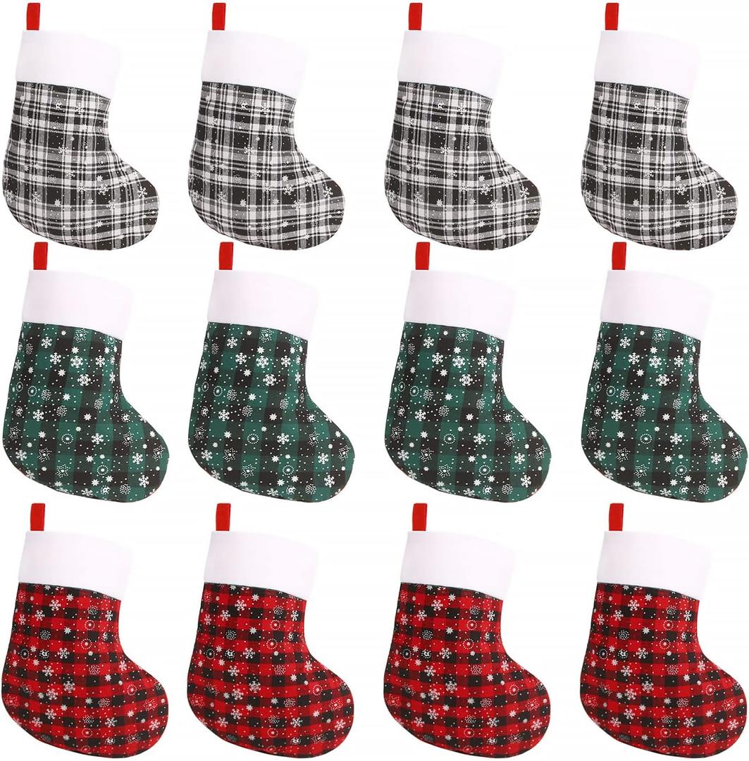 FOIMAS 12pcs Mini Christmas Stockings,8" Buffalo Plaid Xmas Hanging Stocking with Snowflake for Christmas Tree Fireplace Farmhouse Tableware Home Decoration