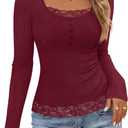 MEROKEETY Womens Fall Lace Trim Tops Cute Long Sleeve Scoop Neck Shirt 2026 (Red, S)