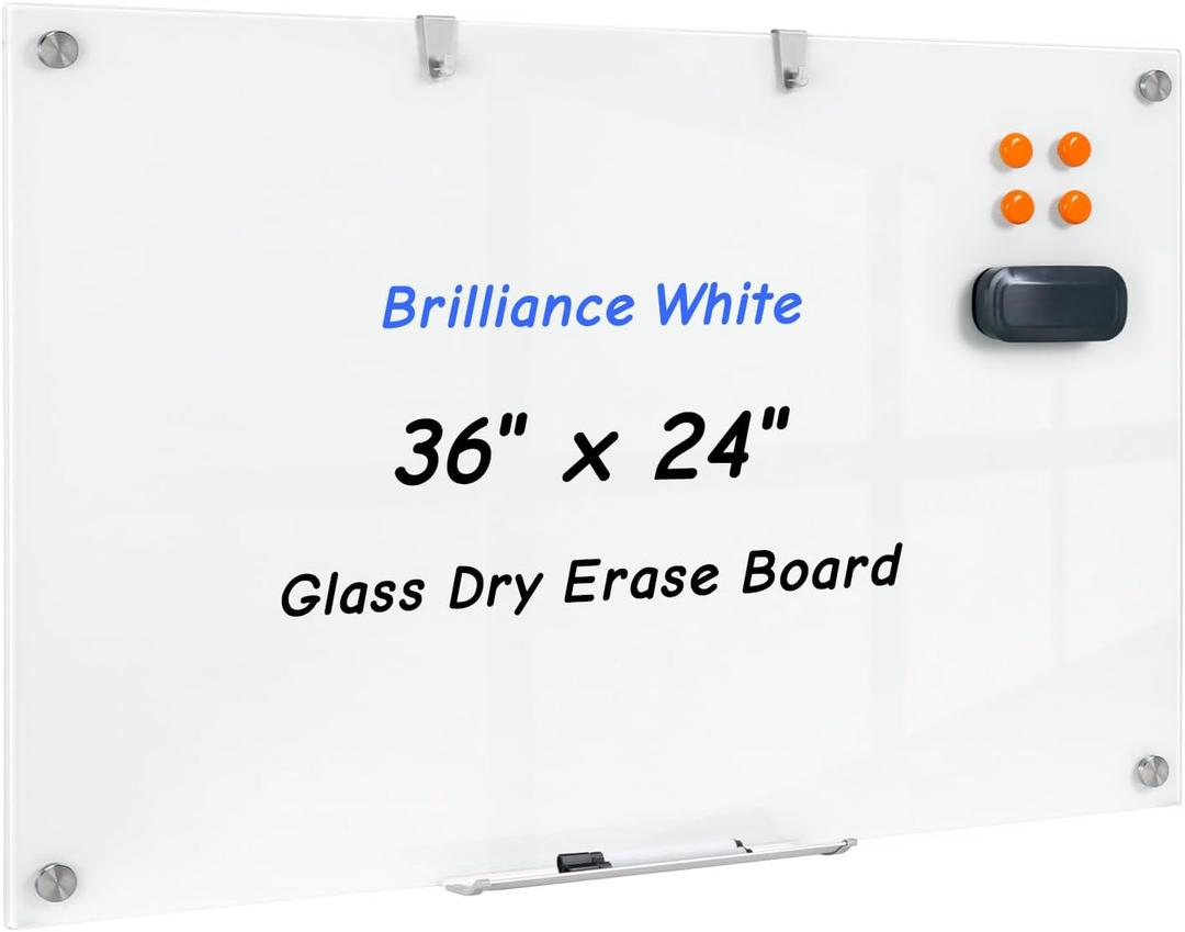 36 x 24 Inches Glass Whiteboard, Magnetic Glass Dry Erase Board for Wall, 3' x 2' Brilliance White Board for Office, Home, School