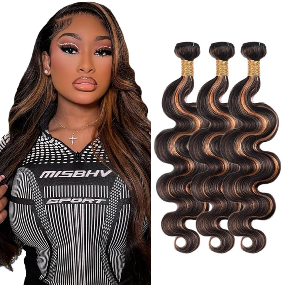 P1B30 Ombre Brown Human Hair Bundles 22 24 26 inch Highlight Body Wave 3 Bundles Two Tone Black Mixed With Brown Bundle 300g
