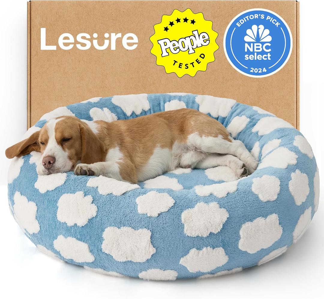 Lesure Shown on TV Donut Dog Beds Large Sized Dog - Round Pet Beds for Calming Puppy with Washable Cover, Orthopedic Modern Home Decor Beds with Jacquard Shaggy Plush & Anti Slip Bottom, 33 InchBlue