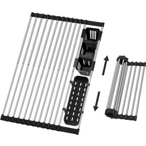 Extra Large Expandable Roll Up Dish Drying Rack, 22.8 x 17.3 in with Expandable Storage Basket Over The Sink Rolling Dish Drainer, Foldable Sink Dish Drainer for Kitchen Counter,Black