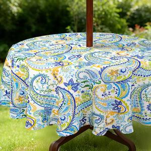 Outdoor Tablecloth with Umbrella Hole and Zipper, Paisley Waterproof Patio Table Covers, Round 60" x 60"