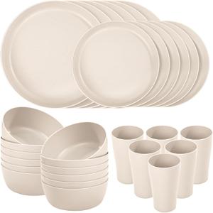 EI 24pcs Wheat Straw Dinnerware Set,Beige Wheat Straw Plates,Plastic Plates Reusable Unbreakable,Deep Dinner Hard Premium Plastic Plates,Kitchen Plates for Camping,Picninc,Family Dinner