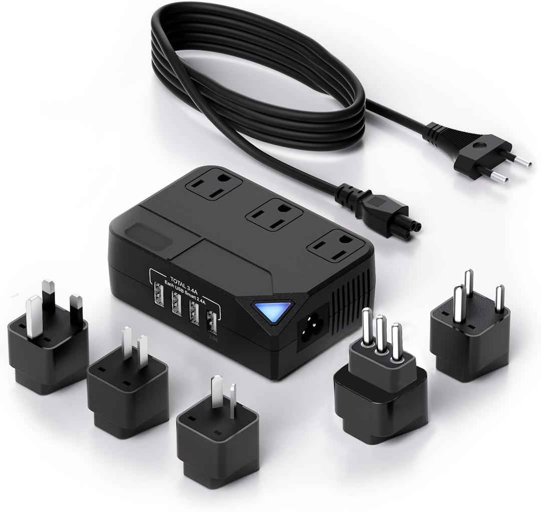 Universal 100V-220V Travel Converter, 250W Travel Voltage Converter for curlers straighteners Chargers, Power Plugs with 4 USB Charging Ports and 3 AC Plugs Including A, C, D, G, I, L Type