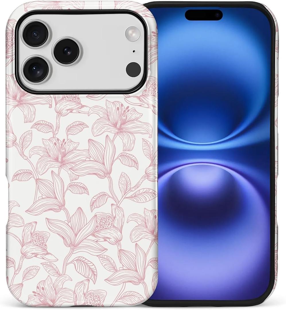 for iPhone 17 Pro Max Case, Aesthetic Pink Lily Hybrid 2 Layer Hard Shell Silicone Protective Pattern Design Case
