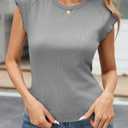 Tankaneo Womens Cap Sleeve Tops Crew Neck Ribbed Knit T Shirt Summer Casual Slim Fit Basic Tees Tshirt (Gray)