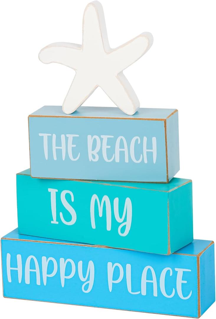 4Pcs The Beach is My Happy Place Table Signs Starfish Beach Wooden Tabletop Centerpiece Blue Rustic Summer Decorations for Office Home Shelf Mantel Tiered Tray Decor