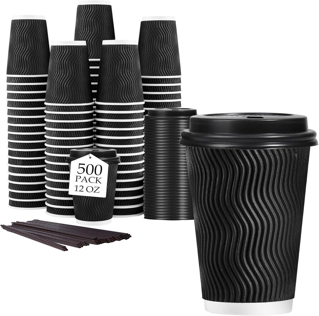Lamosi 12 oz. Disposable Coffee Cups with Lids, 500 Pack Insulated Hot Cups To Go Paper Coffee Cups with Lids and Straws, Corrugated Ripple Wall Cup for Hot Drink, Office, Coffee Bar (Black)
