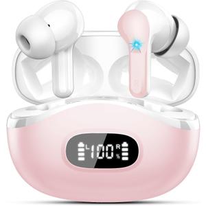 Wireless Earbuds, Bluetooth Headphones 5.4 HiFi Stereo, Ear Buds with 4 ENC Noise Cancelling Mics, 48H Bluetooth Earbuds with Dual LED Display, IP7 Waterproof in Ear Earphones for Android iOS, Pink