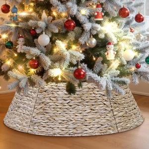 Lanpn Natural Rattan Christmas Tree Collar 24 inch, Decorative Wicker Woven Tree Skirt Ring Stand Base Cover Rustic Farmhouse for Small mini Pencil Silm Artificial Trees Xmas Decor (White)