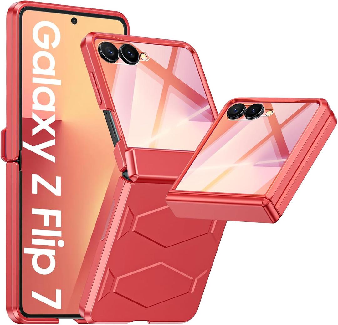 Vizvera for Samsung Galaxy Z Flip 7 Case with Hinge Protection, Built-in Screen Protector Shockproof All-Inclusive Phone Cover for Z Flip 7-Coral Red