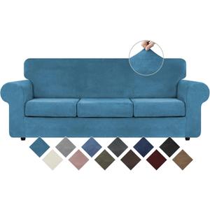 WEERRW 4 Pieces Velvet High Stretch Couch Covers for 3 Cushion Couch Sofa Slipcovers, Washable Furniture Protector with Non Slip Elastic Bottom, Feature Soft Plush Fabric, Peacock Blue, Large