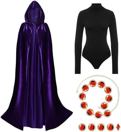 ATENTO Women's Halloween Cosplay Costume Purple Hooded Cloak Cape Long Sleeve Bodysuits with Adjustable Red Gem Waist Belt, L
