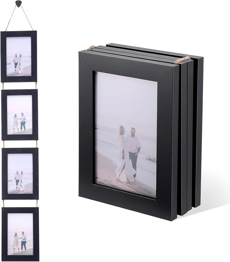 Black 4x6 Collage Picture Frames Set Of 2, Vertical Hanging Wall Decor with 4 Openings Each for 4 By 6 Inch Photos