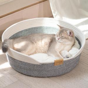 CHEERHOME PETS Cat Bed Basket with Cushion, Cotton Rope Woven Pet Bed for Indoor Cats Couch, Stimulicat Cat Bed Handwoven Breathable, All Season Universal (Grey)